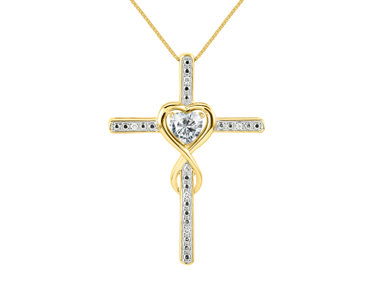 RYLOS Heart Gemstone & Diamond Cross Necklace. 6MM Birthstone. 18 inch Chain. Elegant Jewelry for Women - Yellow Gold Plated Silver