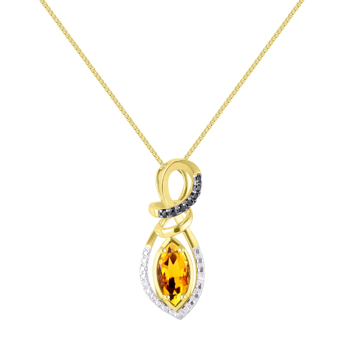RYLOS Designer Necklace: Marquise Gemstone & White & Black Diamond Pendant, 18" Chain, 10X5MM Birthstone, Women's Elegant Yellow Gold Plated Silver Jewelry