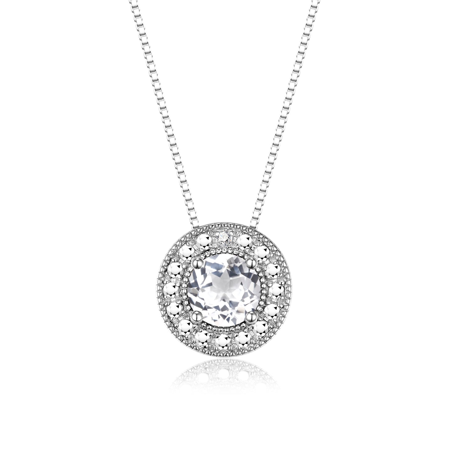 RYLOS 14K White Gold Halo Designer Necklace: Gemstone & Diamond, 18 inch Chain, 4MM Birthstone, Women's Elegant Jewelry