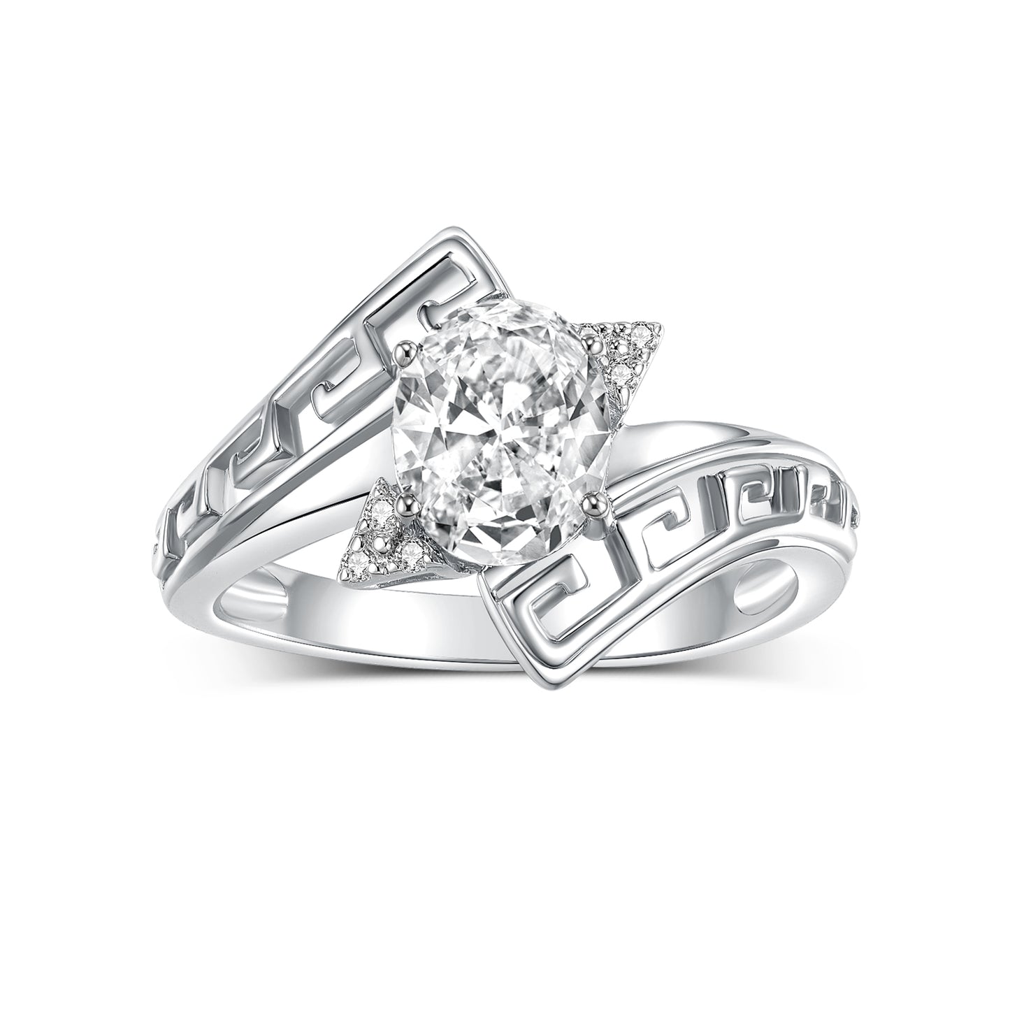 RYLOS 14K White Gold Greek Key Designer Ring with 9X7MM Gemstone & Diamond Accent Unique Color Stone Birthstone Jewelry for Women Available in Sizes 5-10