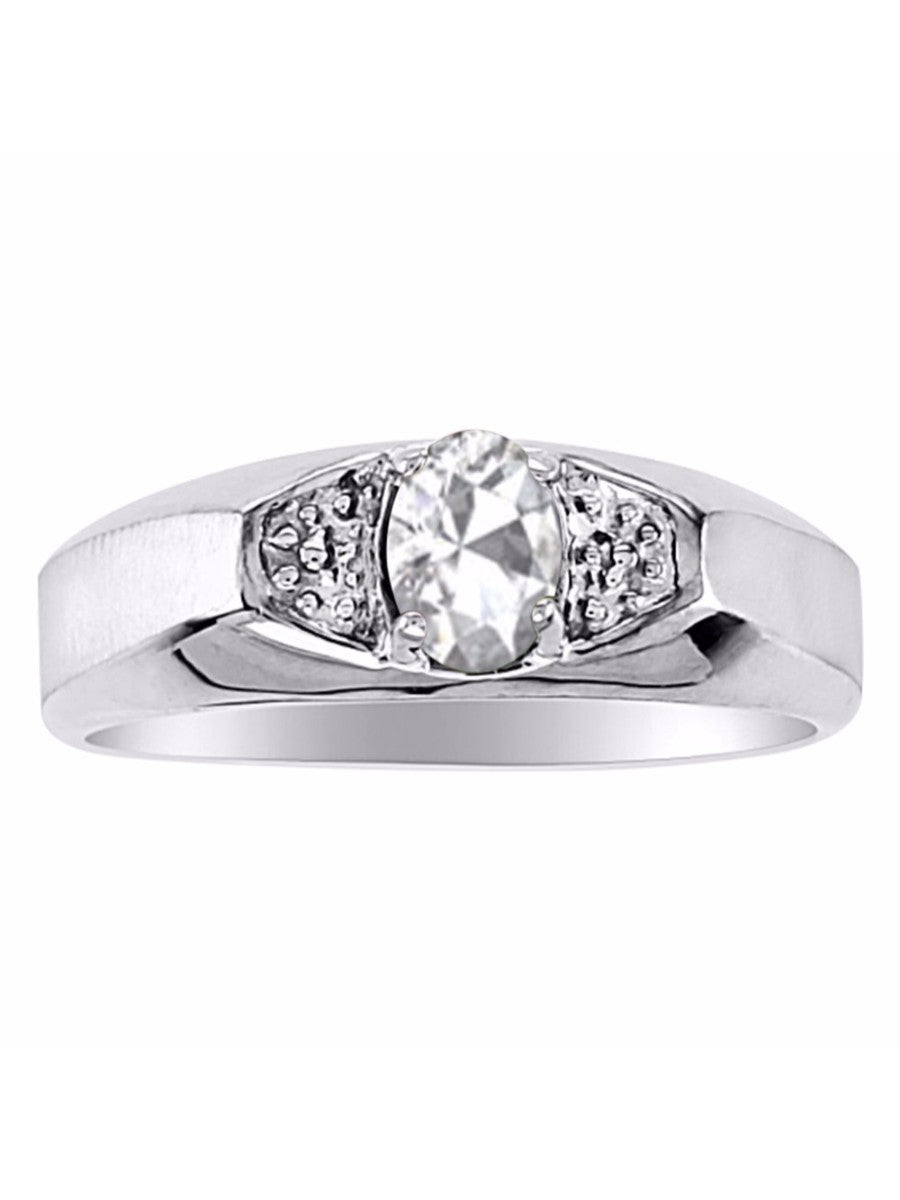 RYLOS Men's 14K White Gold Classic 6X4MM Oval Gemstone & Diamond Ring - Birthstone Elegance, Sizes 8-13