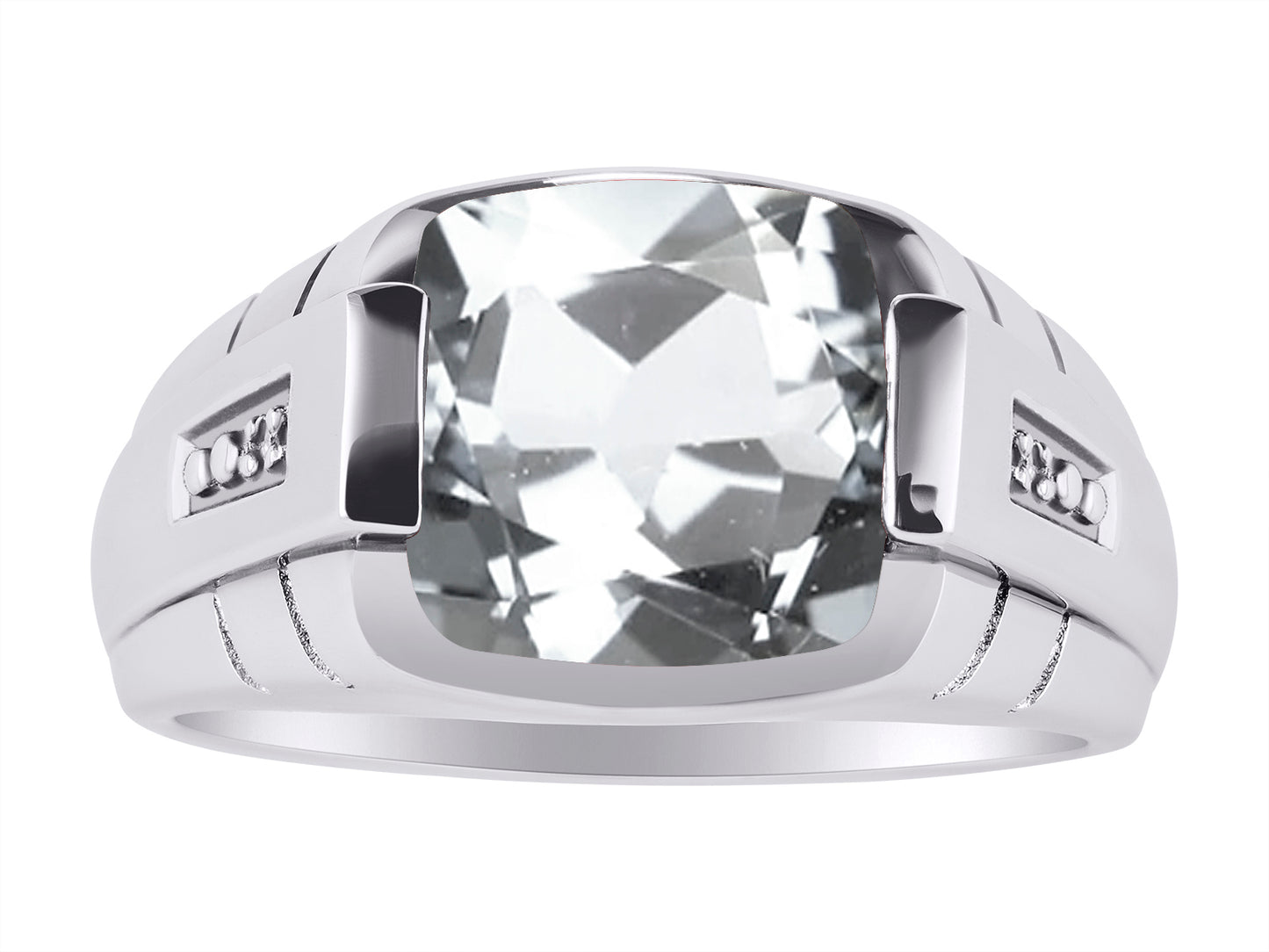 RYLOS 12MM Cushion Shape Checker Top Gemstone Color Stone and Diamonds in 14K White Gold Sizes 8-13