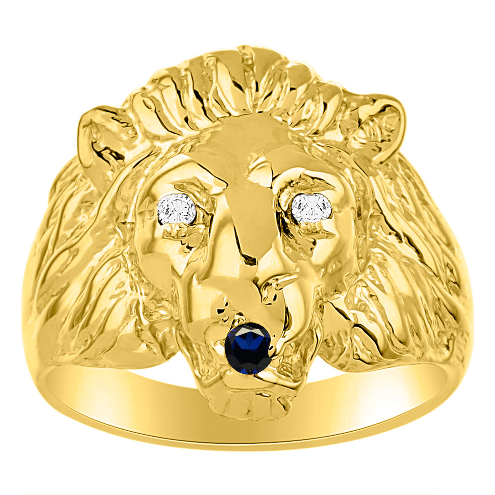 RYLOS Men's 14K Yellow Gold Lion Head Ring with Diamond Eyes & Birthstone in Mouth – Fun Designer Rings in Sizes 6-13