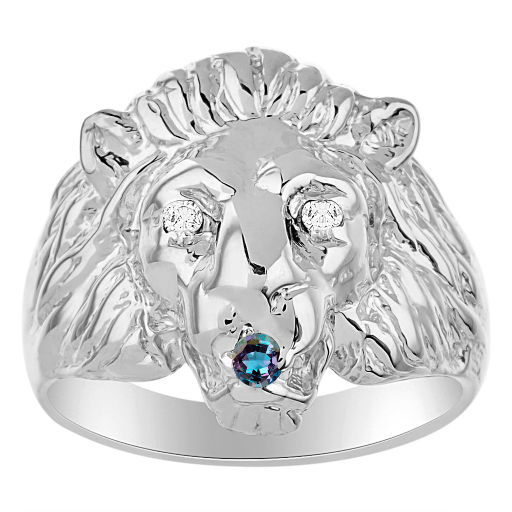 RYLOS Men's 14K White Gold Lion Head Ring with Diamond Eyes & Birthstone in Mouth – Fun Designer Rings in Sizes 6-13
