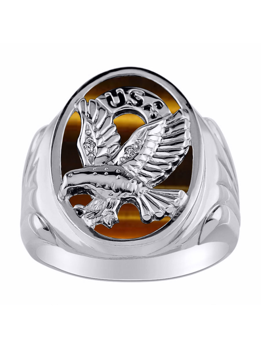 RYLOS Men's 14K White Gold Patriotic Eagle USA Ring with Diamonds and Onyx, Quartz, or Tiger Eye Designer Men's Jewelry in Sizes 8-13