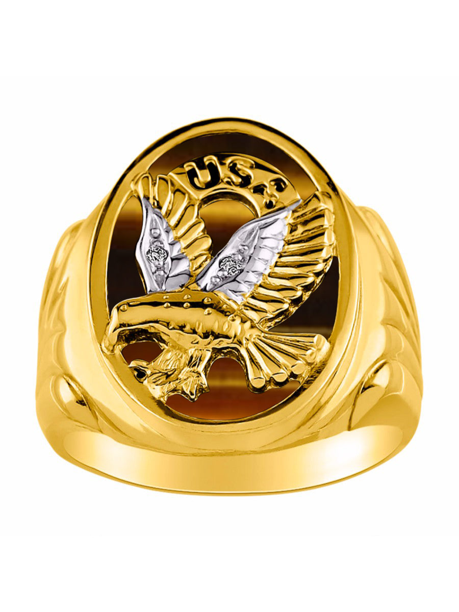 RYLOS Men's 14K Yellow Gold Patriotic Eagle USA Ring with Diamonds and Onyx, Quartz, or Tiger Eye Designer Men's Jewelry in Sizes 8-13
