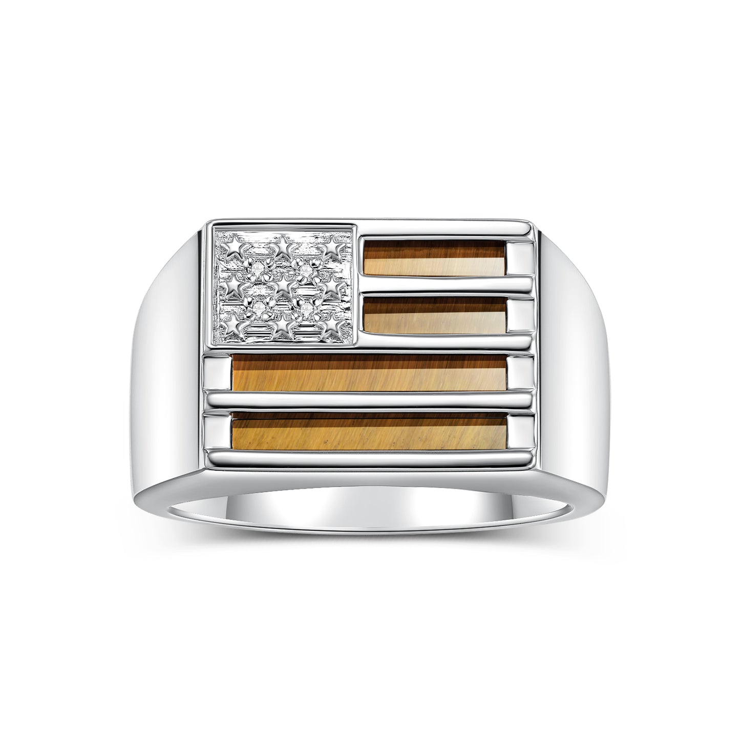 RYLOS 14K White Gold USA Flag Designer Men's Ring, featuring Diamonds, Onyx, Quartz in Red, Blue, or Green, & Tiger Eye. Available sizes 8 to 13, it adds patriotic sophistication to your collection