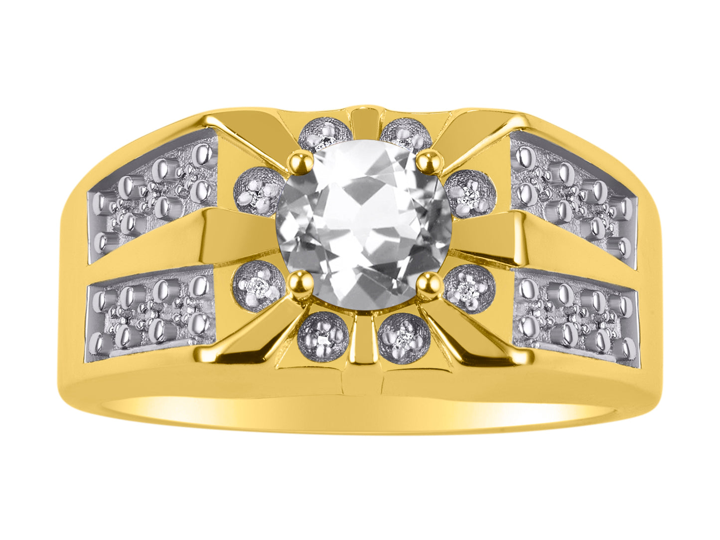 RYLOS Men's Designer Starburst Ring; 7MM Round Gemstone & Diamond Birthstone Rings in Sizes 8-13 Yellow Gold Plated Silver