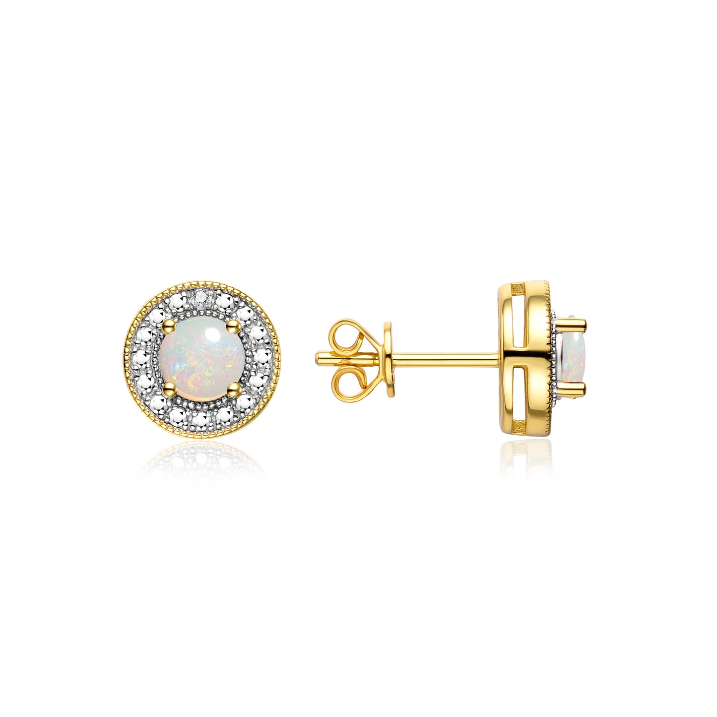 RYLOS Yellow Gold Plated Silver Halo Stud Earrings - 4MM Round Gemstone & Diamonds - Exquisite Birthstone Jewelry