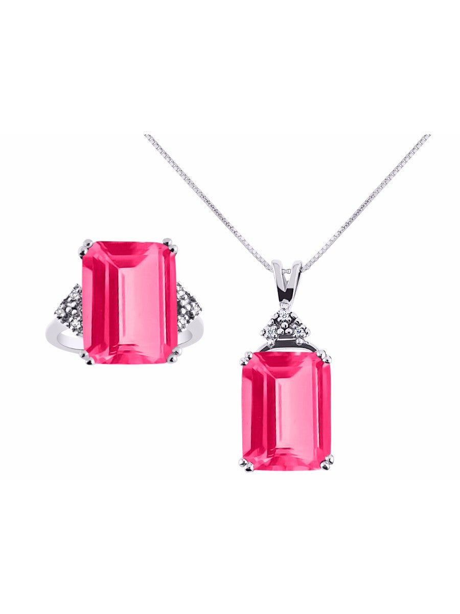 RYLOS Women's Sterling Silver Emerald Cut Gemstone & Diamond Ring & Matching Necklace, Rectangular 16X12MM Birthstone; Sizes 5-13