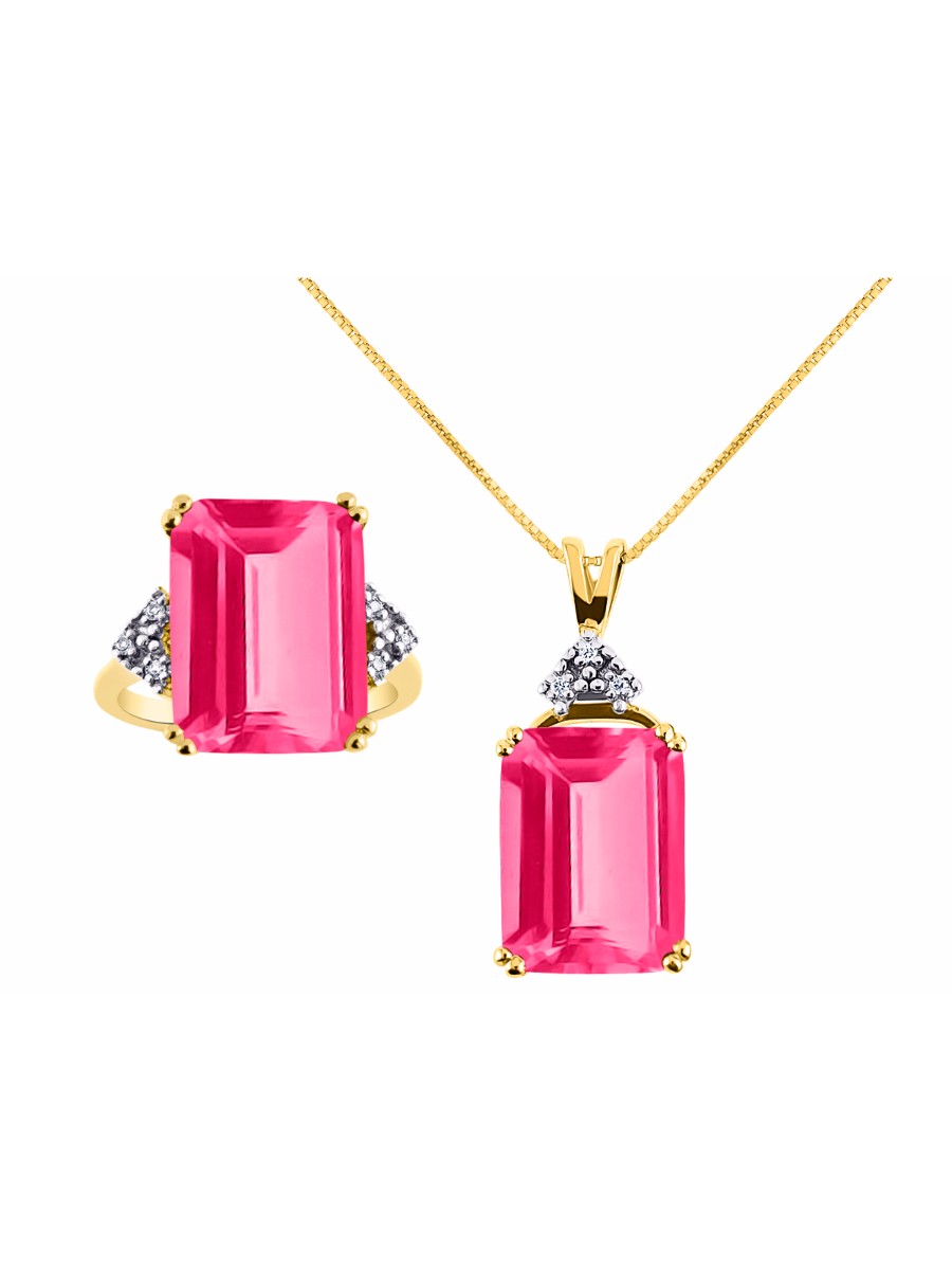 RYLOS Women's Yellow Gold Plated Silver Emerald Cut Gemstone & Diamond Ring & Matching Necklace, Rectangular 16X12MM Birthstone; Sizes 5-13