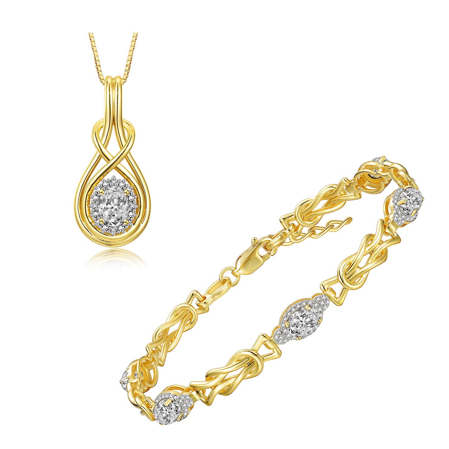 RYLOS Matching Jewelry Yellow Gold Plated Silver Love Knot Set: Tennis Bracelet & Pendant Necklace. Gemstone & Diamonds, 7"-8" Adjustable Wrist, 18" Chain. 9X7MM & 7X5MM Birthstone Jewelry
