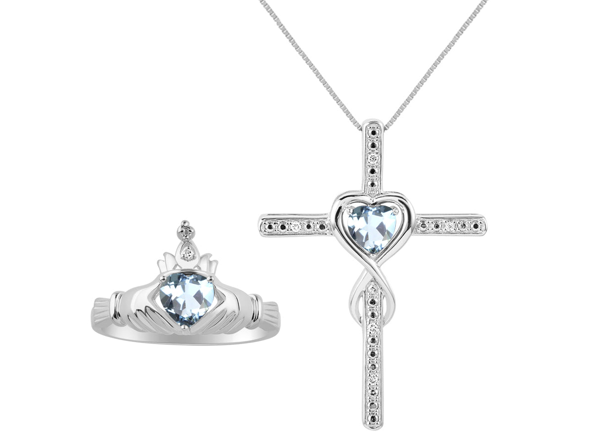 RYLOS Matching Jewelry Sterling Silver Claddagh Ring & Cross Necklace. Heart Gemstone & Diamonds, 6MM Birthstone; Sizes 5-10.