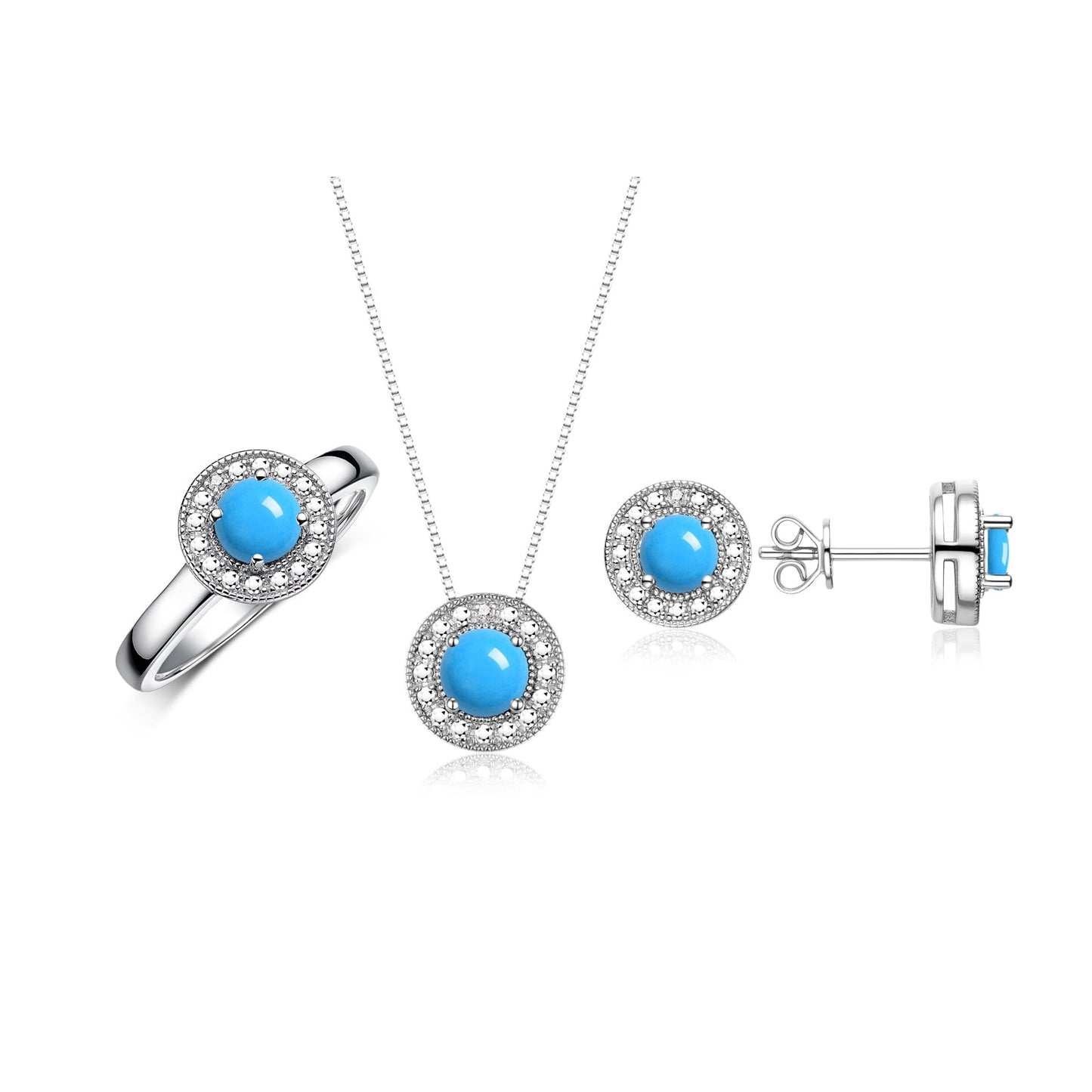 RYLOS Halo Designer Matching Set Sterling Silver: Ring, Earring & Pendant Necklace. Gemstone & Diamonds, 4MM Birthstone; Sizes 8-10.