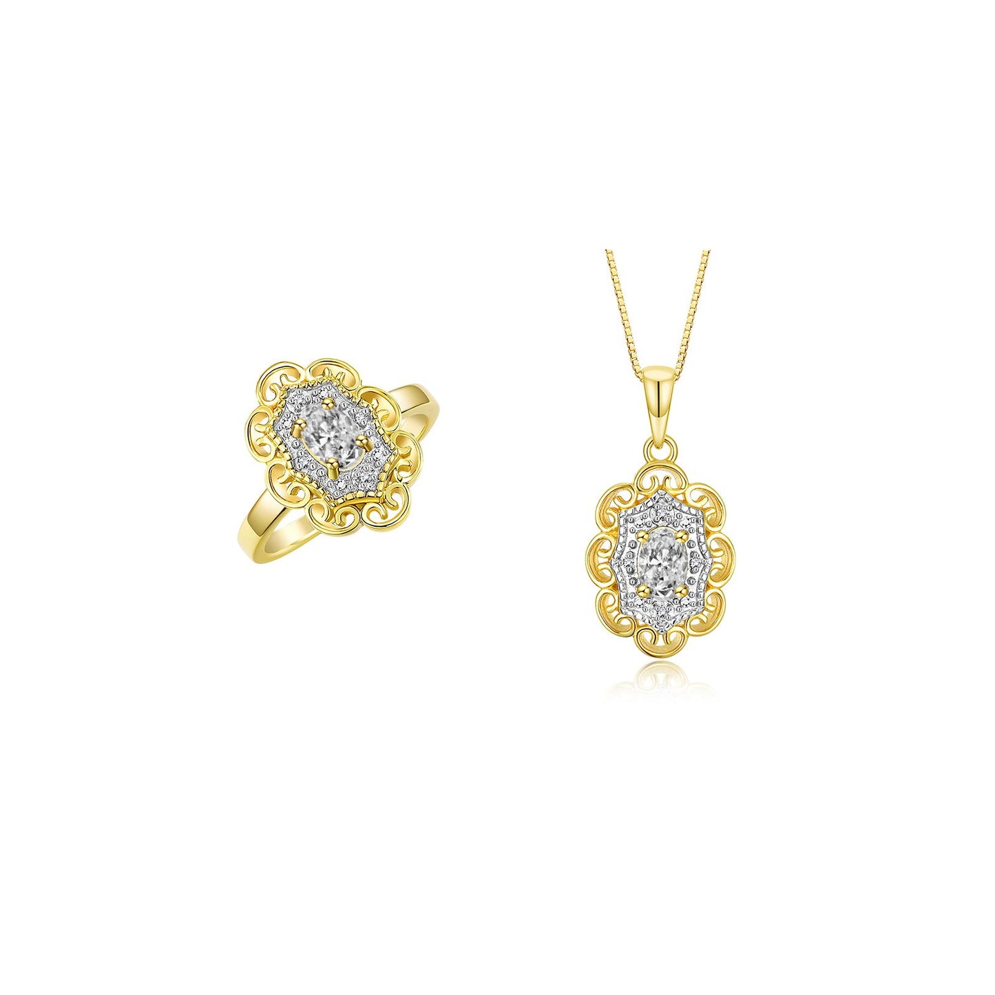 RYLOS Matching Set 14K Yellow Gold Floral Pattern Halo Pendant Necklace & Ring. Gemstone & Diamonds, 18" Chain. 6X4MM Birthstone; Sizes 5-10
