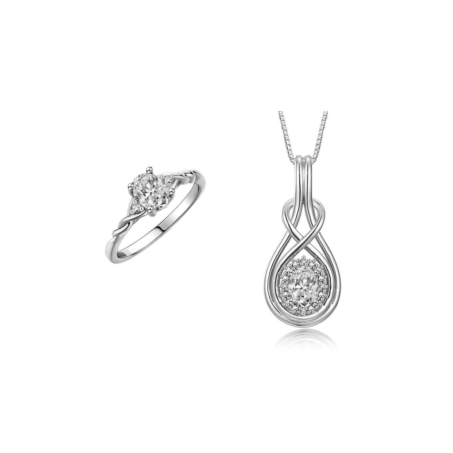RYLOS Matching Love Knot Jewelry Set 14K White Gold Ring & Pendant Necklace. Gemstone & Diamonds, 8X6MM & 7X5MM Birthstone; Sizes 5-10