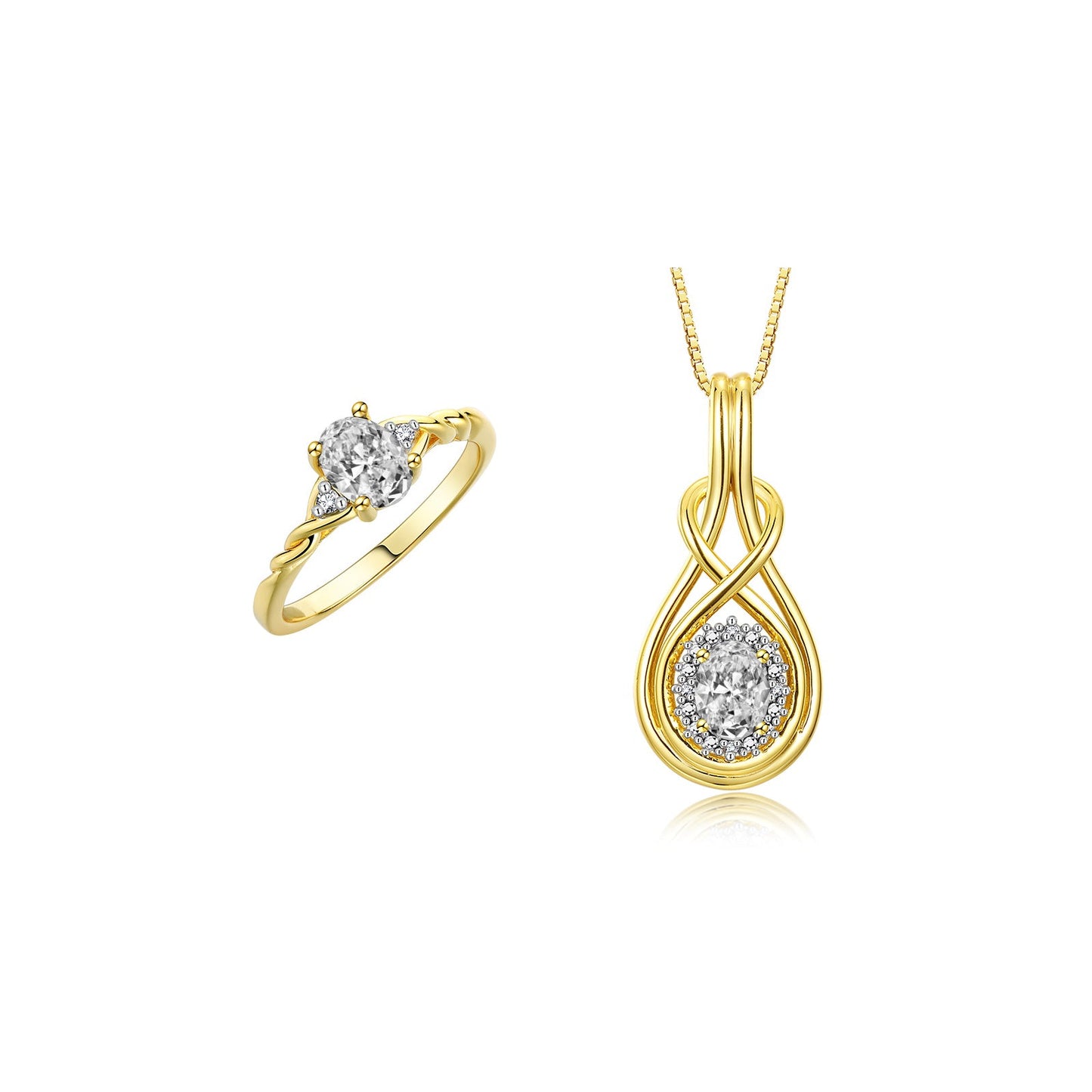 RYLOS Matching Love Knot Jewelry Set 14K Yellow Gold Ring & Pendant Necklace. Gemstone & Diamonds, 8X6MM & 7X5MM Birthstone; Sizes 5-10