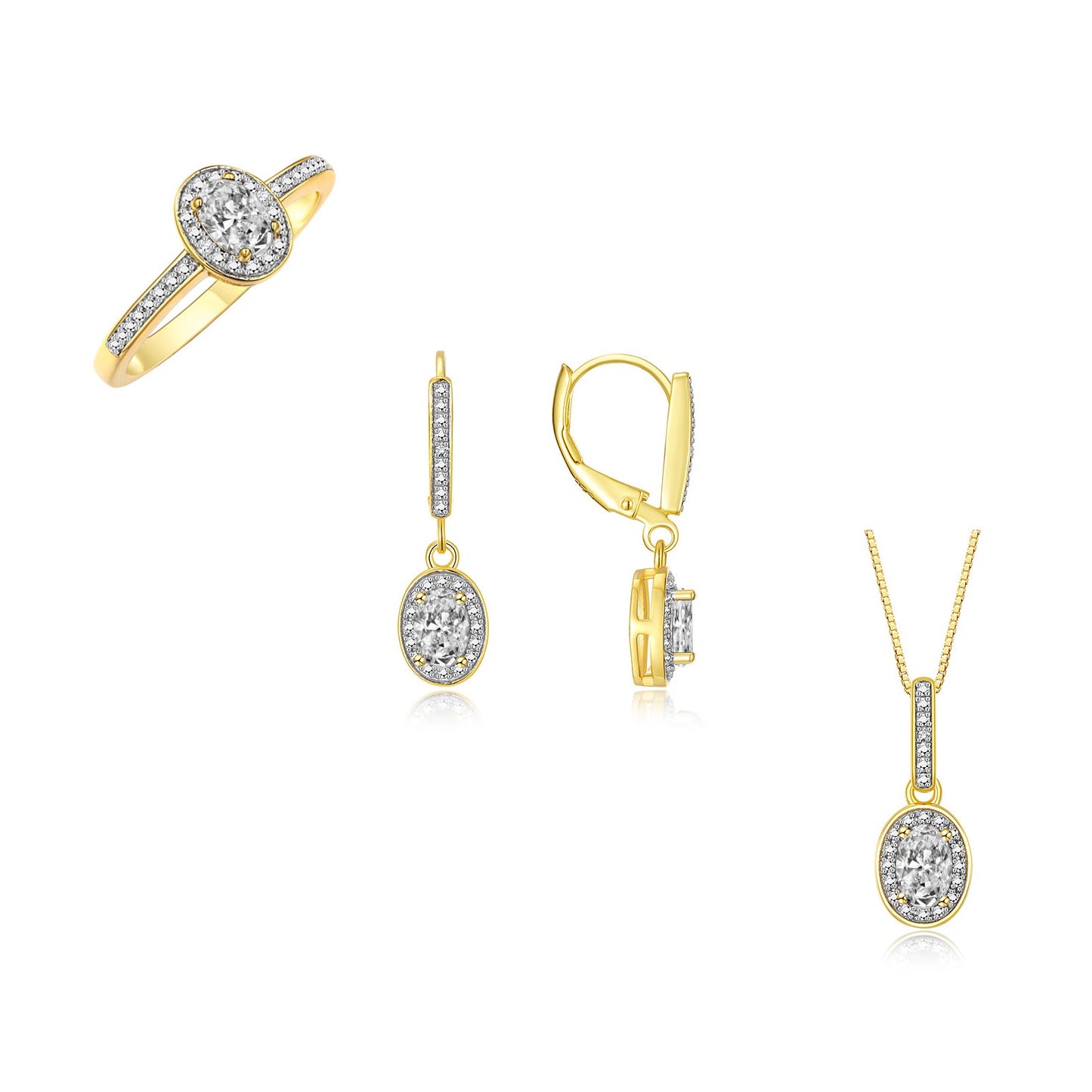 RYLOS Matching Jewelry Yellow Gold Plated Silver Halo Designer Set: Ring, Earring & Pendant Necklace. Gemstone & Diamonds, 6X4MM Birthstone. Sizes 5-7.