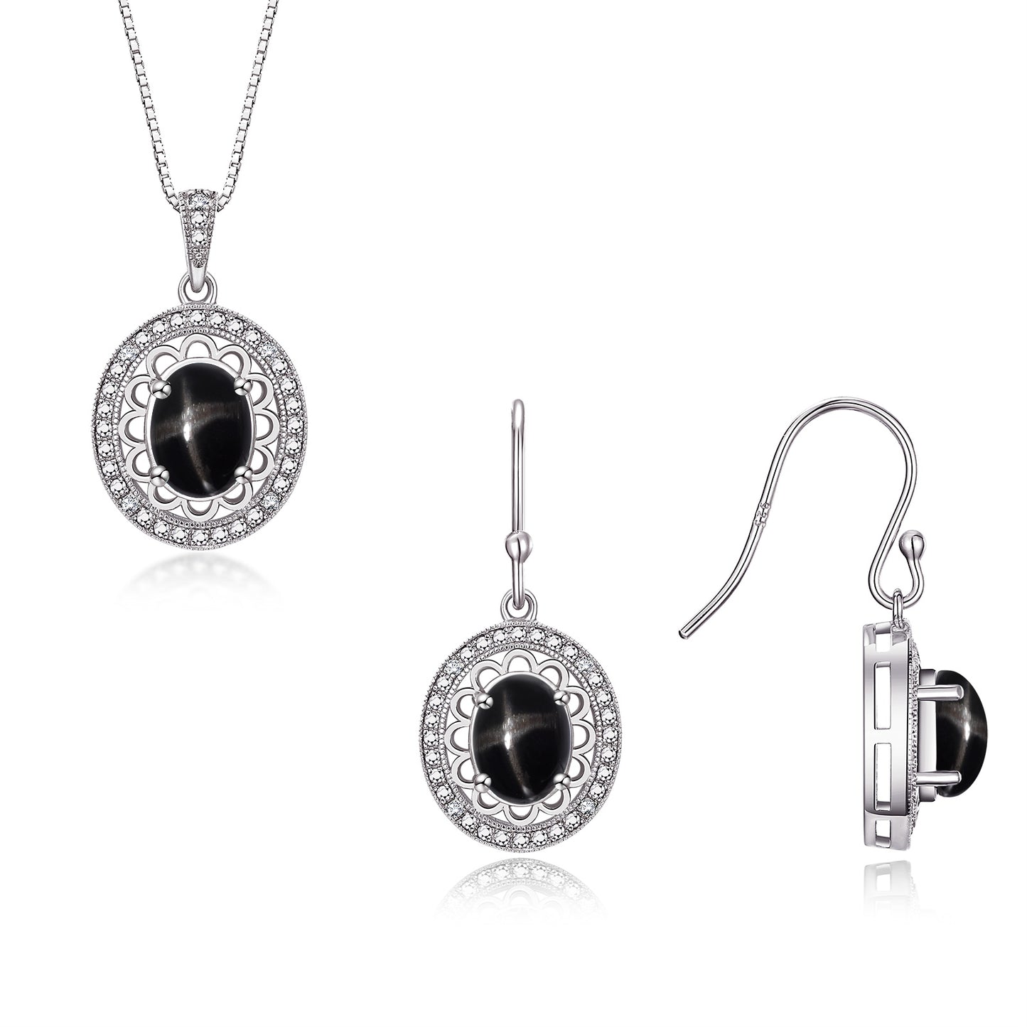 RYLOS Matching Jewelry Set Sterling Silver Princess Diana Inspired: Earrings & Pendant Necklace with 18" Chain. Gemstone & Diamonds, 8X6MM Birthstone