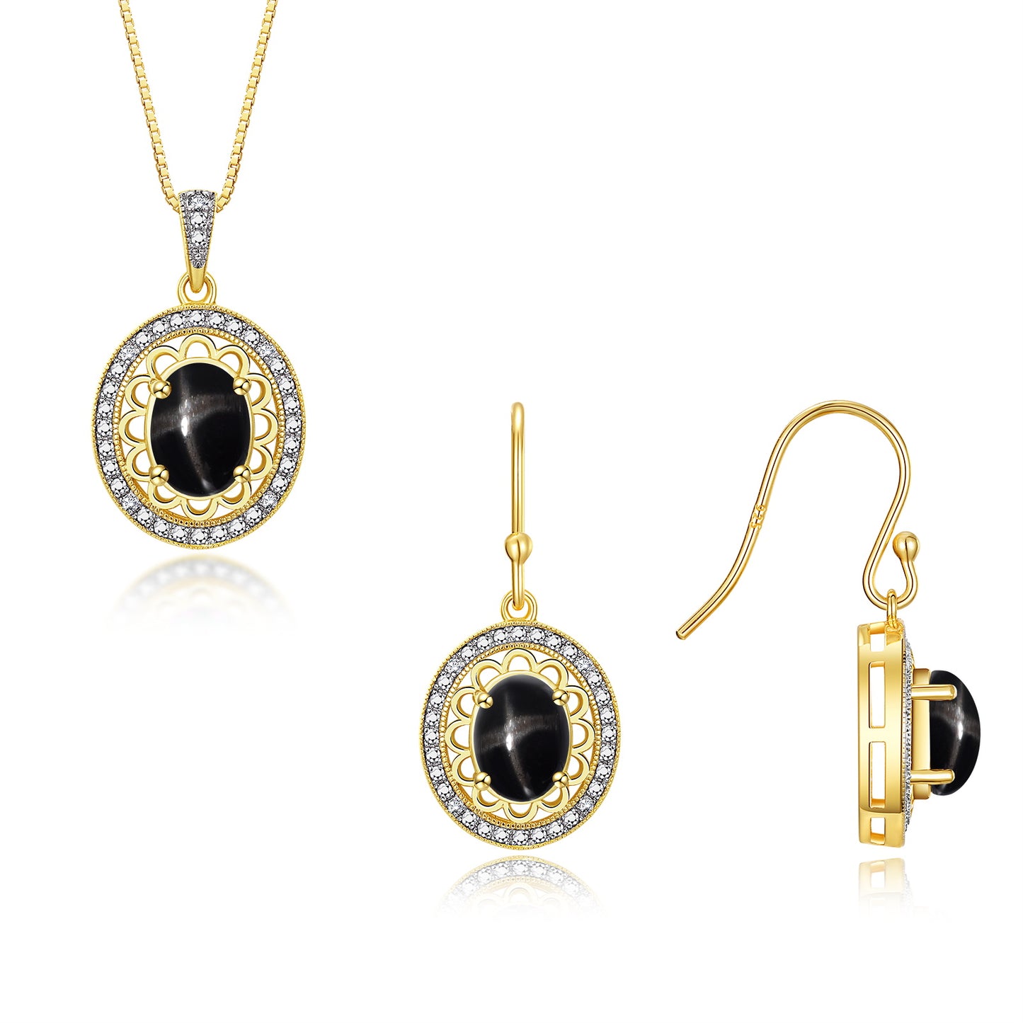RYLOS Matching Jewelry Set 14K Yellow Gold Princess Diana Inspired: Earrings & Pendant Necklace with 18" Chain. Gemstone & Diamonds, 8X6MM Birthstone