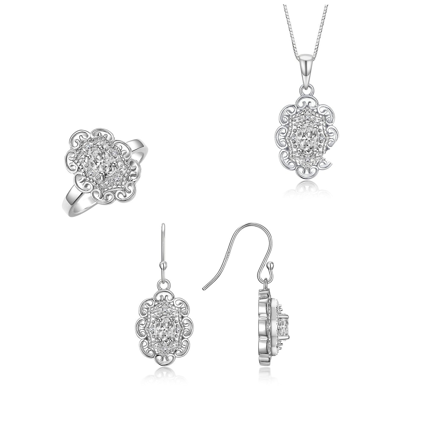 RYLOS Matching Jewelry Set Sterling Silver Floral Pattern Halo Pendant Necklace, Earrings & Matching Ring. Gemstone & Diamonds, 18" Chain. 6X4MM Birthstone; Sizes 5-10.