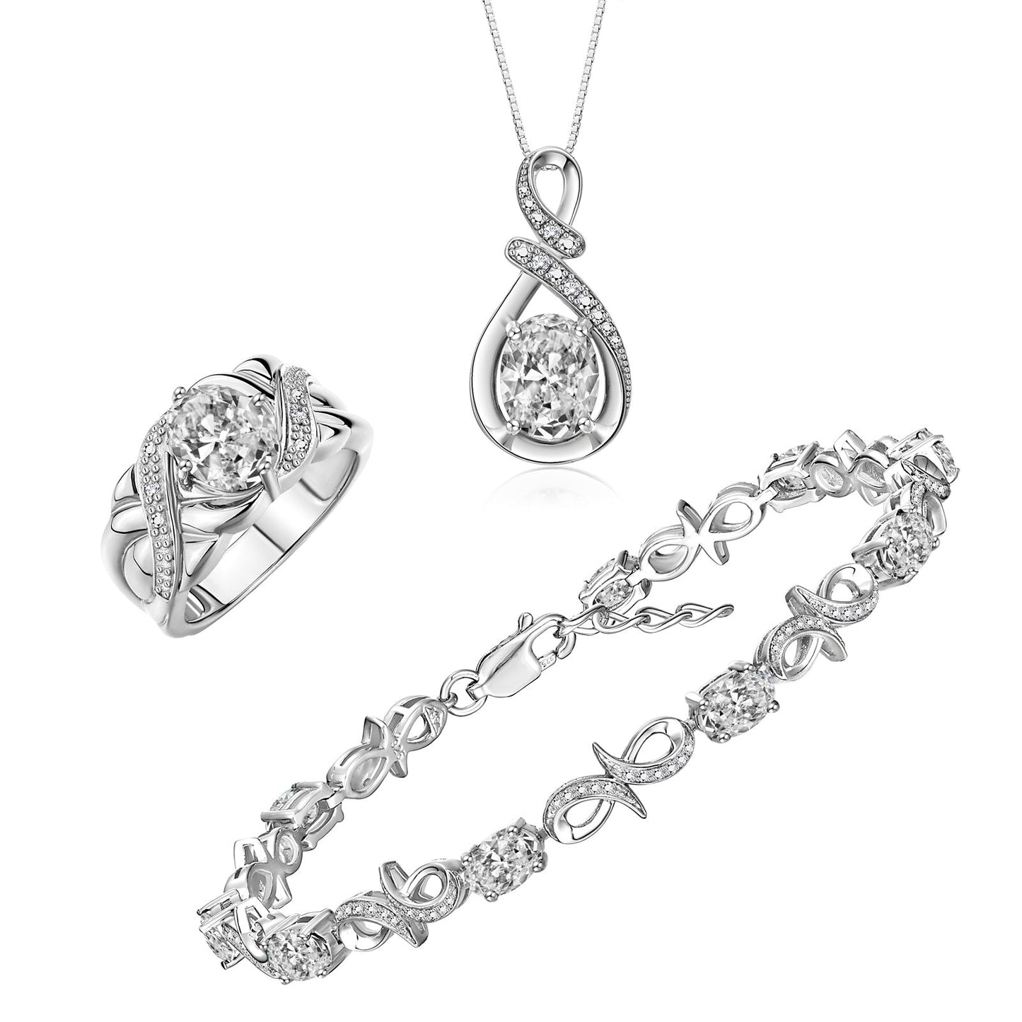 RYLOS Matching Jewelry Sterling Silver Love Knot Set: Tennis Bracelet, Ring & Necklace. Gemstone & Diamonds, 7"-8" Wrist & 18" Chain, 9X7MM & 6X4MM Birthstone; Sizes 5-10