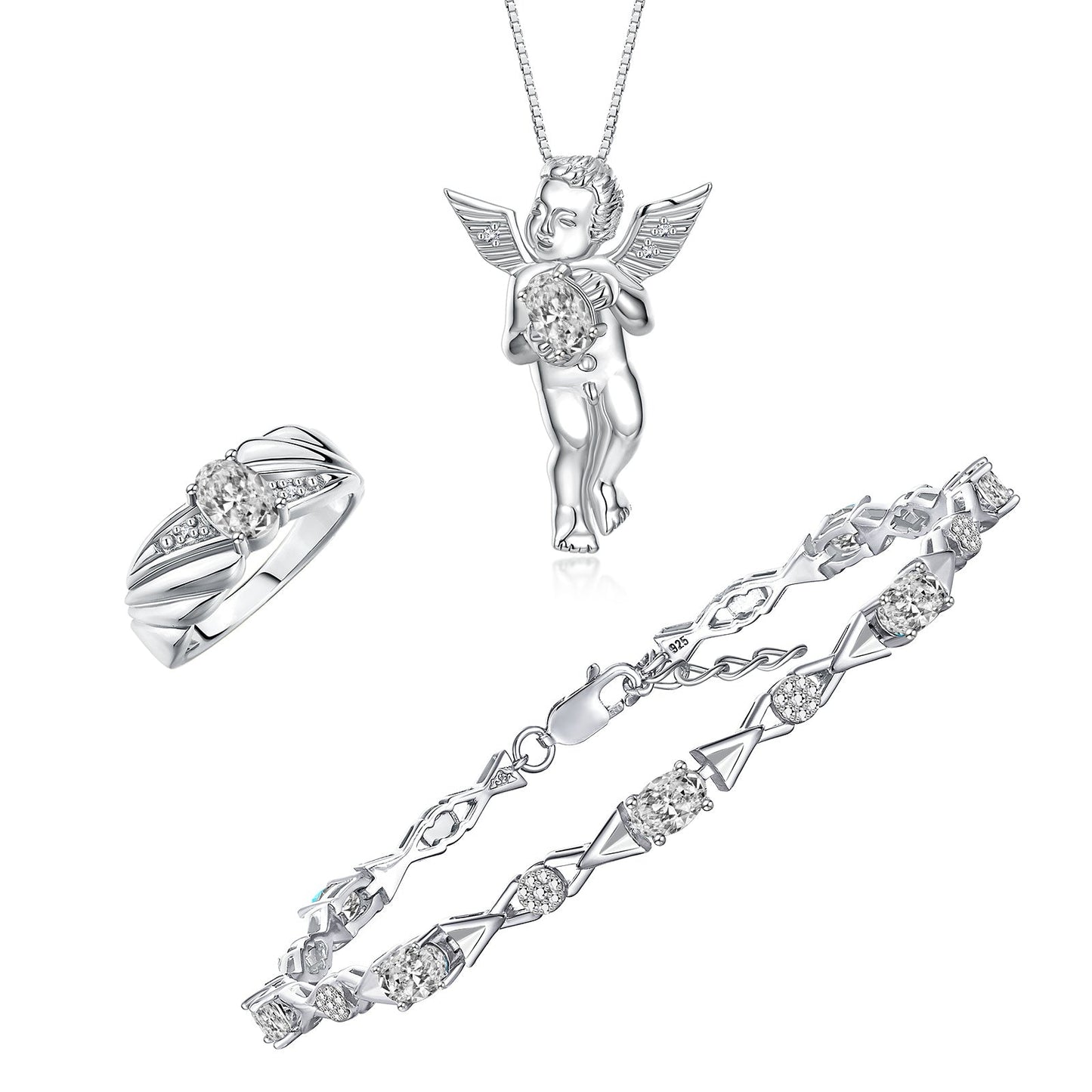 RYLOS Matching Jewelry Sterling Silver Guardian Angel Set: Necklace, Tennis Bracelet, & Ring. Gemstone & Diamonds, 7"-8" Wrist & 18" Chain, 7X5MM & 6X4MM Birthstone