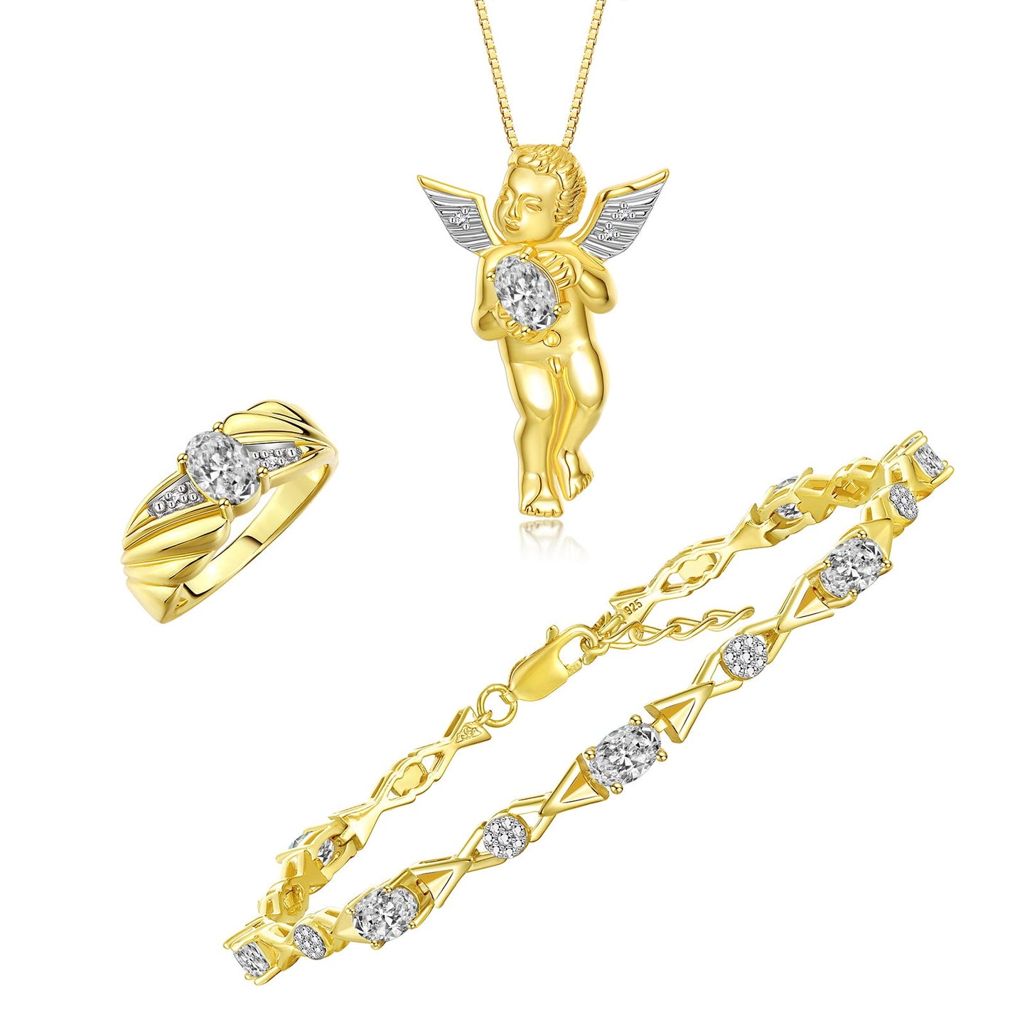 RYLOS Matching Jewelry Yellow Gold Plated Silver Guardian Angel Set: Necklace, Tennis Bracelet, & Ring. Gemstone & Diamonds, 7"-8" Wrist & 18" Chain, 7X5MM & 6X4MM Birthstone