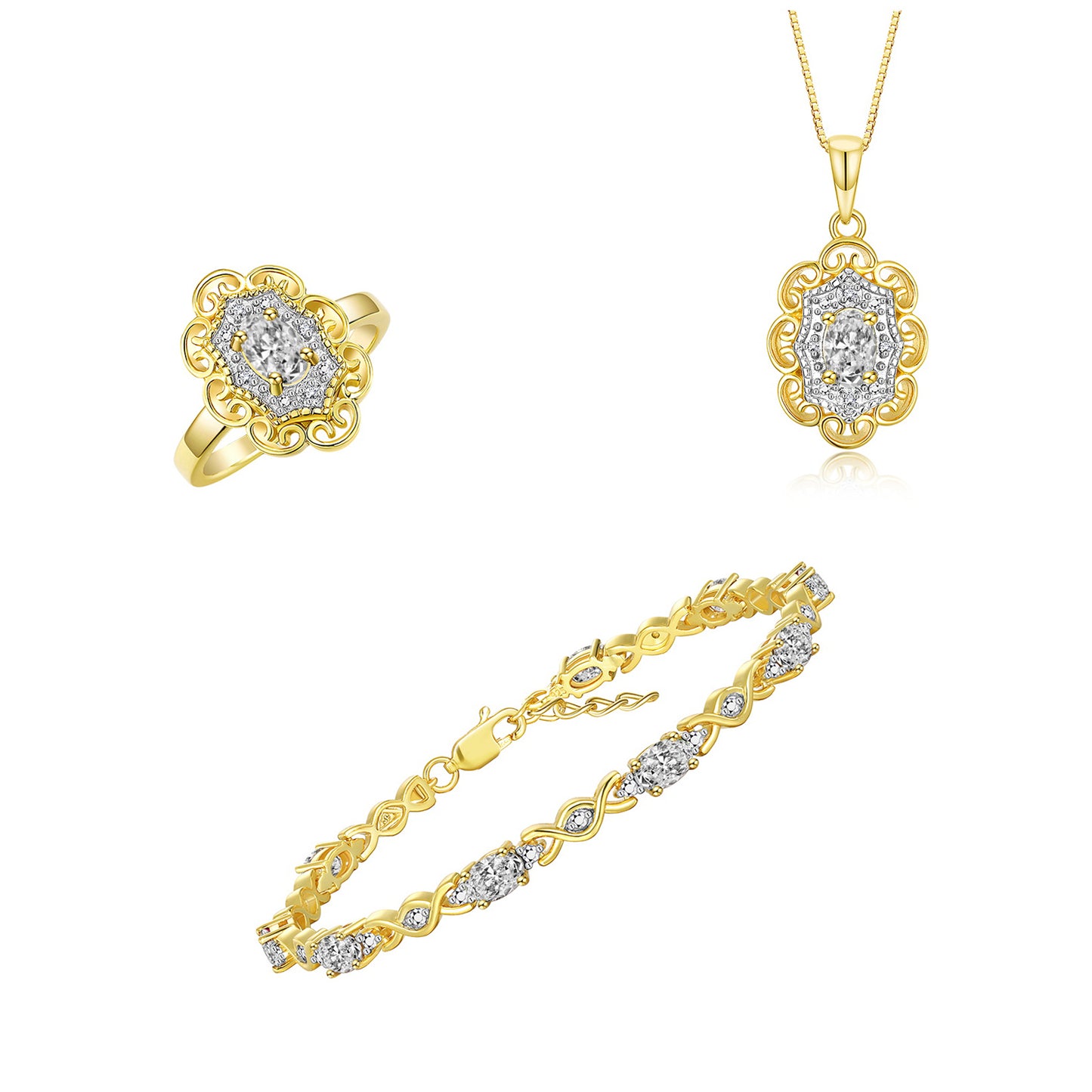 RYLOS Matching Jewelry Hugs & Kisses Infinity Set: Yellow Gold Plated Silver Tennis Bracelet, Ring & Necklace. Gemstone & Diamonds, 7-8" Wrist & 18" Chain. 6X4MM Birthstone