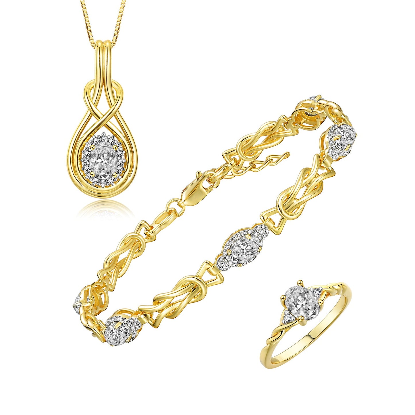 RYLOS Matching Jewelry Love Knot Set: Yellow Gold Plated Silver Tennis Bracelet, Ring & Necklace. Gemstone & Diamonds, Adjustable 7"-8" Wrist & 18" Chain.