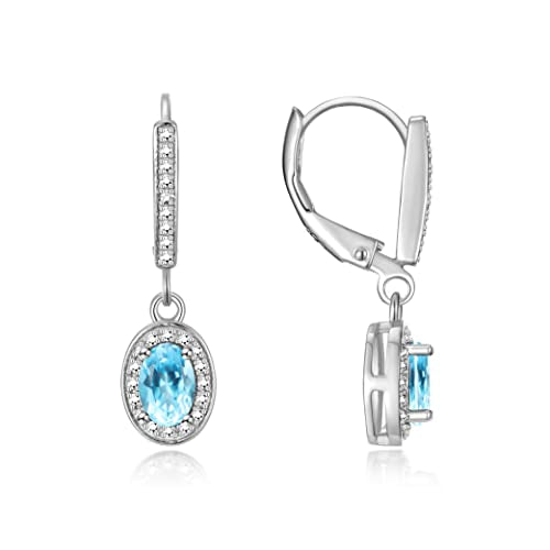 Rylos Matching Jewelry Sterling Silver Halo Designer Set: Ring, Earring & Pendant Necklace. Gemstone & Diamonds, 6X4MM Birthstone. Sizes 5-10.