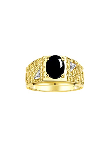 Rylos Men's Rings Designer Nugget Ring: Oval 9X7MM Gemstone & Sparkling Diamonds - Color Stone Birthstone Rings for Men, Yellow Gold Plated Silver Rings in Sizes 8-13. Mens Jewelry