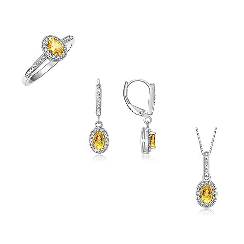 Rylos Matching Jewelry Sterling Silver Halo Designer Set: Ring, Earring & Pendant Necklace. Gemstone & Diamonds, 6X4MM Birthstone. Sizes 5-10.