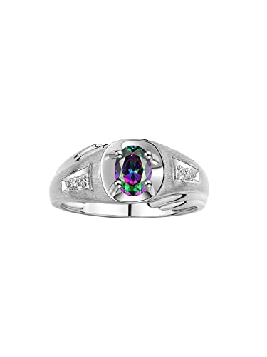 Rylos Men's Rings Classic Designer Style 8X6MM Oval Gemstone & Diamond Ring - Color Stone Birthstone Sterling Silver Ring for Men, Sizes 8-13.