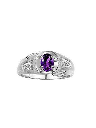 Rylos Men's Rings Classic Designer Style 8X6MM Oval Gemstone & Diamond Ring - Color Stone Birthstone Sterling Silver Ring for Men, Sizes 8-13.