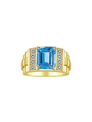 Rylos Men's Rings Yellow Gold Plated Silver Designer Style 10X8MM Emerald Cut Shape Gemstone & Diamonds - Color Stone Birthstone Rings for Men, Sizes 8-13.