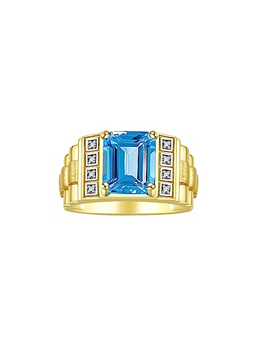 Rylos Men's Rings Yellow Gold Plated Silver Designer Style 10X8MM Emerald Cut Shape Gemstone & Diamonds - Color Stone Birthstone Rings for Men, Sizes 8-13.