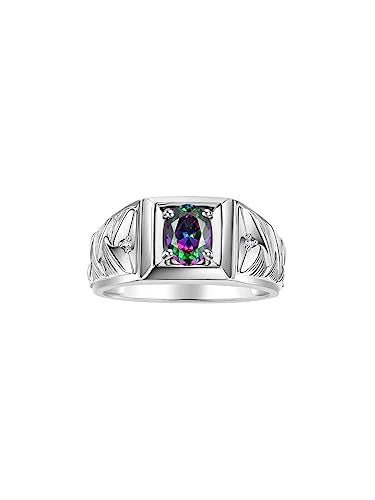 Rylos Men's Rings Designer Weave Band 7X5MM Oval Gemstone & Diamond Ring - Color Stone Birthstone Rings for Men, Sterling Silver Rings in Sizes 8-13. Unique Mens Jewelry