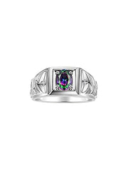 Rylos Men's Rings 14K White Gold Designer Weave Band 7X5MM Oval Gemstone & Diamond Ring - Color Stone Birthstone Rings for Men, Sizes 8-13.