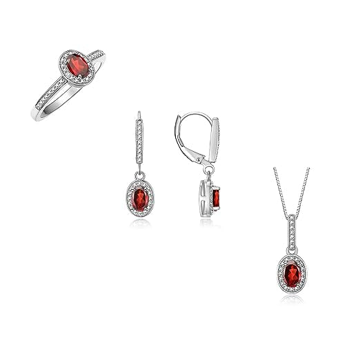 Rylos Matching Jewelry Sterling Silver Halo Designer Set: Ring, Earring & Pendant Necklace. Gemstone & Diamonds, 6X4MM Birthstone. Sizes 5-10.