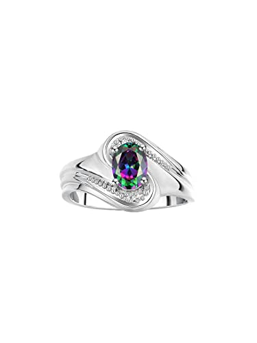 Rylos Designer Swirl Style Ring Sterling Silver 925 : 7X5MM Oval Gemstone & Diamond Accent - Birthstone Jewelry for Women - Available in Sizes 5-10.