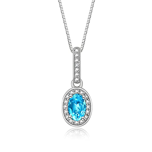 Rylos Matching Jewelry Sterling Silver Halo Designer Set: Ring, Earring & Pendant Necklace. Gemstone & Diamonds, 6X4MM Birthstone. Sizes 5-10.