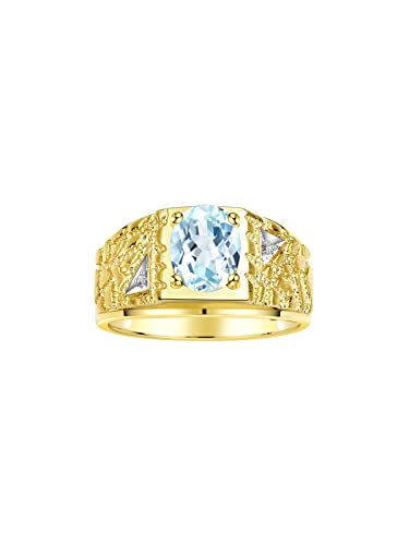 Rylos Men's Rings Designer Nugget Ring: Oval 9X7MM Gemstone & Sparkling Diamonds - Color Stone Birthstone Rings for Men, Yellow Gold Plated Silver Rings in Sizes 8-13. Mens Jewelry