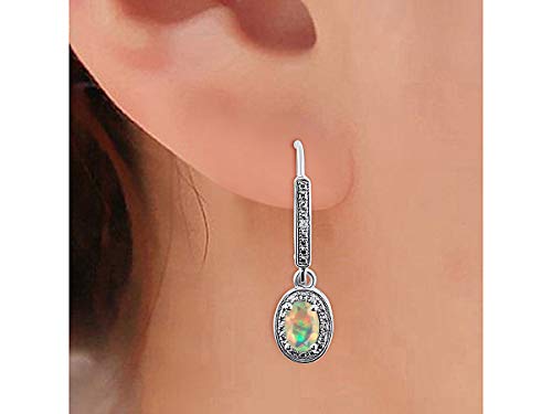 RYLOS Women's Sterling Silver Dangling Earrings - Oval Shape Gemstone & Diamonds - 6X4MM Birthstone Earrings - Exquisite Color Stone Jewelry