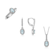 Rylos Matching Jewelry Sterling Silver Halo Designer Set: Ring, Earring & Pendant Necklace. Gemstone & Diamonds, 6X4MM Birthstone. Sizes 5-10.