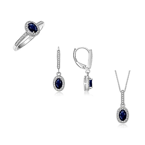 Rylos Matching Jewelry Sterling Silver Halo Designer Set: Ring, Earring & Pendant Necklace. Gemstone & Diamonds, 6X4MM Birthstone. Sizes 5-10.