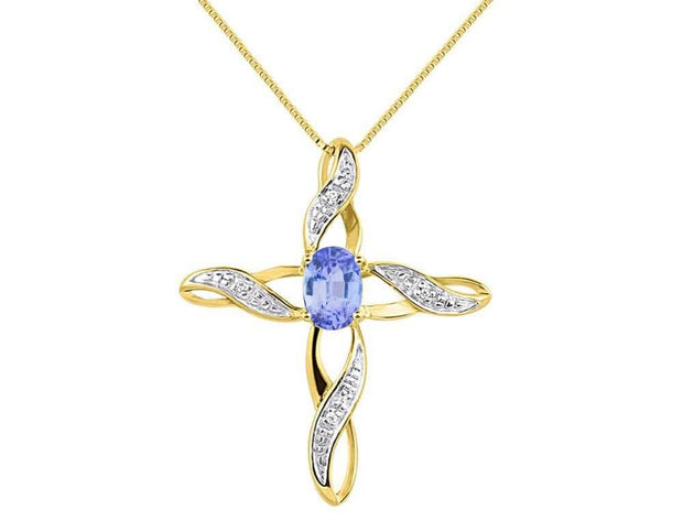 Rylos 14K Yellow Gold Plated Silver Necklace with Gemstone & Diamonds | Elegant Pendant with 18" Chain 7X5MM | Tanzanite October Birthstone for Women