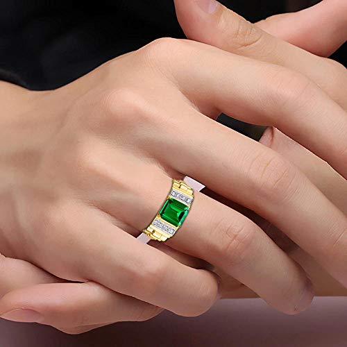 Rylos Men's Rings Yellow Gold Plated Silver Designer Style 10X8MM Emerald Cut Shape Gemstone & Diamonds - Color Stone Birthstone Rings for Men, Sizes 8-13.