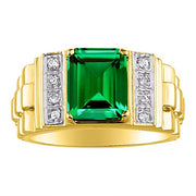 Rylos Men's Rings Yellow Gold Plated Silver Designer Style 10X8MM Emerald Cut Shape Gemstone & Diamonds - Color Stone Birthstone Rings for Men, Sizes 8-13.