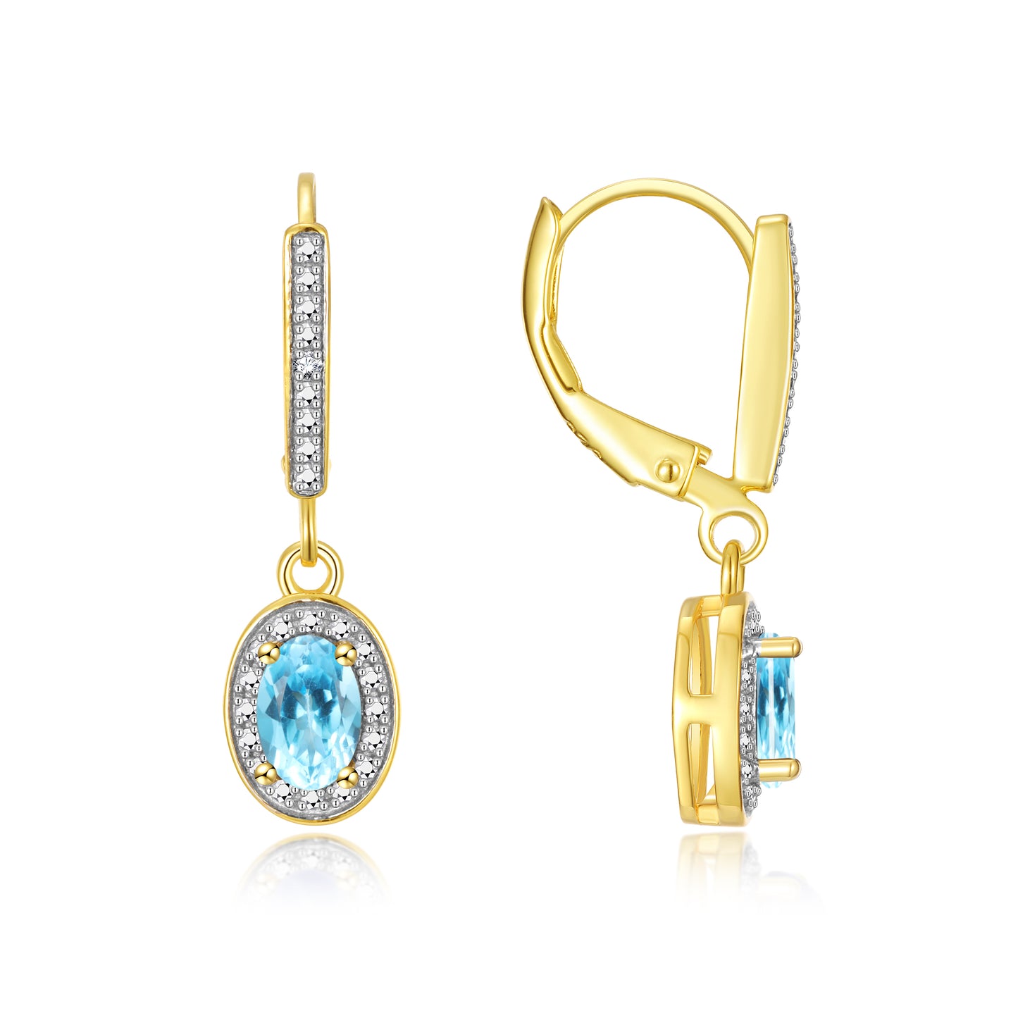 RYLOS Women's Yellow Gold Plated Dangling Earrings - Oval Shape Gemstone & Diamonds - 6X4MM Birthstone Earrings-Exquisite Color Stone Jewelry